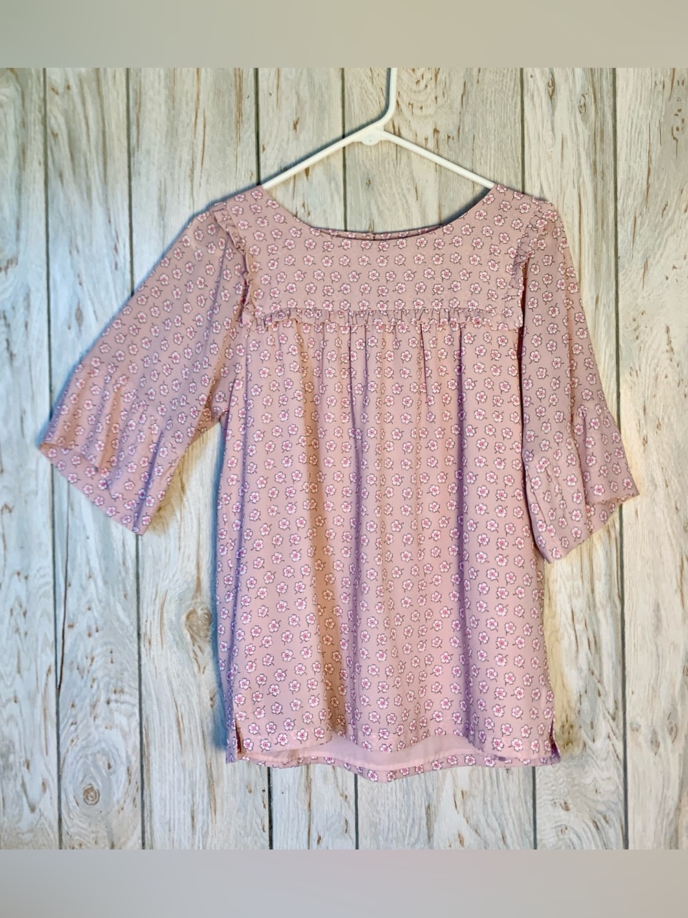 LOFT Floral Smocked Yoke Blouse Peasant Top Mauve Pink 3/4 Bell Sleeve Small